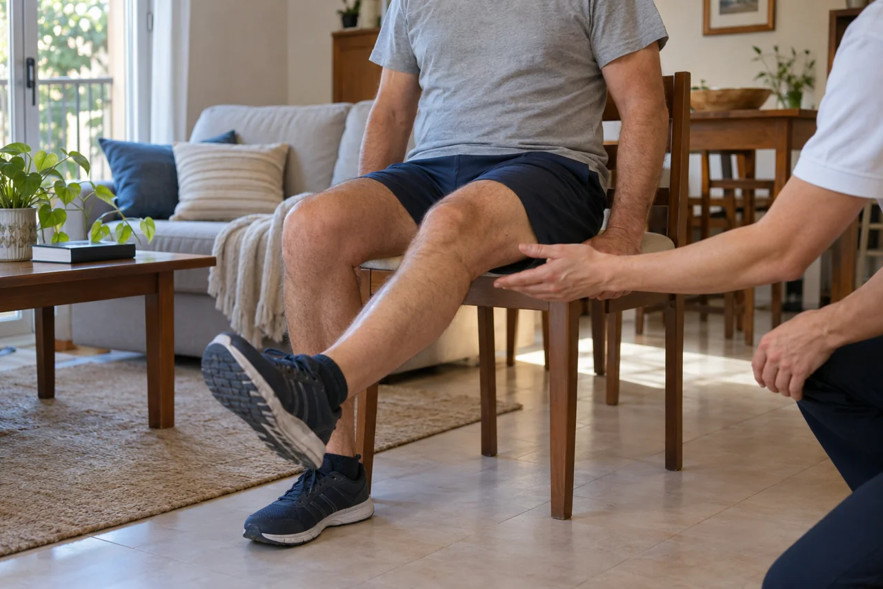 Ejercicio de movilidad de rodilla durante una sesión de fisioterapia en casa.