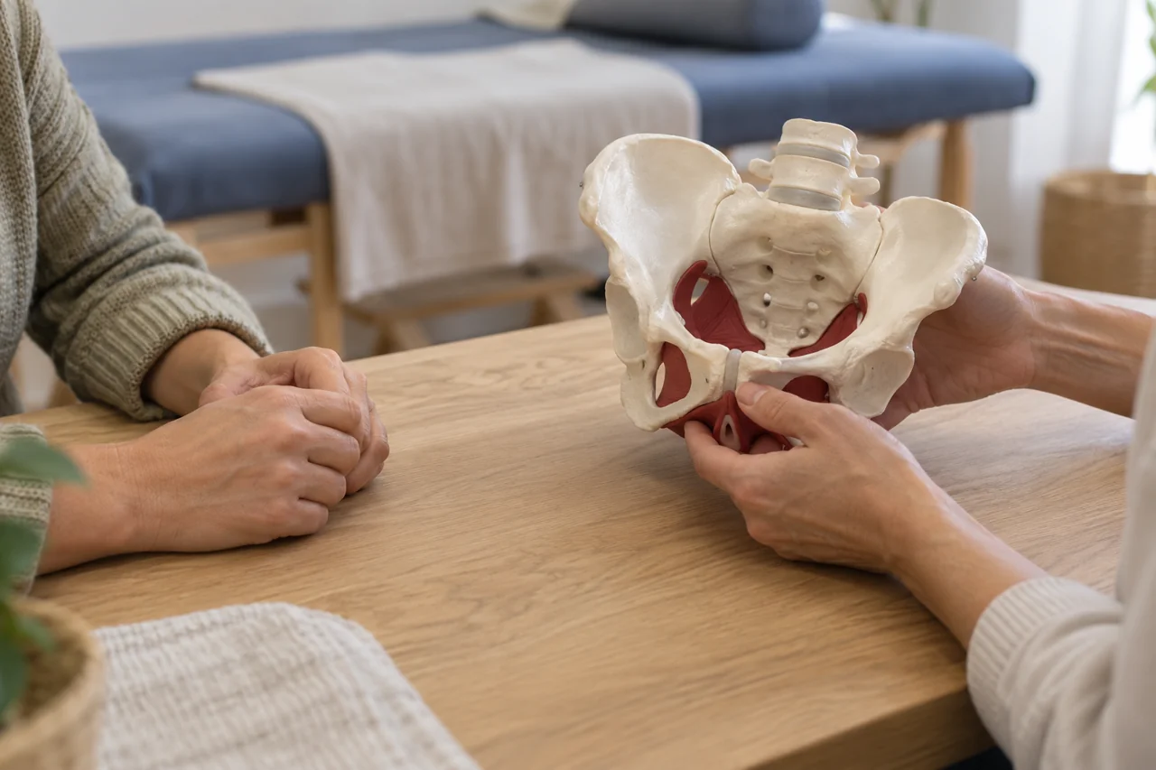 Detalle de una explicación con un modelo anatómico de pelvis.